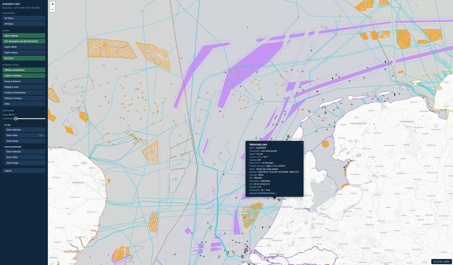 Zonarch asset tracker showing the Dutch exclusive economic zone with offshore wind farms, cables and pipelines, shipping lanes and live AIS vessel positions